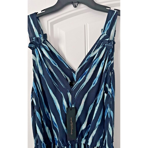 Donna Karan New York Women's Printed Belted A-Line Dress Teal Navy Midi Dress 12 - Picture 11 of 11